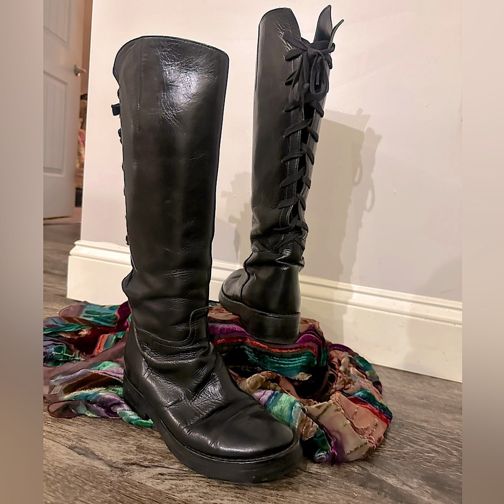 Ann Demeulemeester black leather corset lace up knee high boots size EU 38 /US 8
